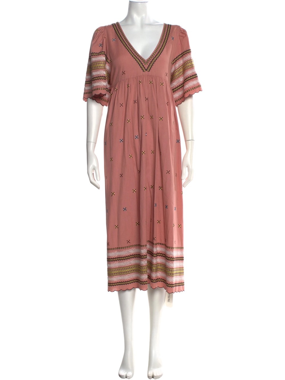 The Great. Dusty Rose Pink Embroidered V-Neck Midi Dress Boho M Empire Festival - Picture 2 of 10